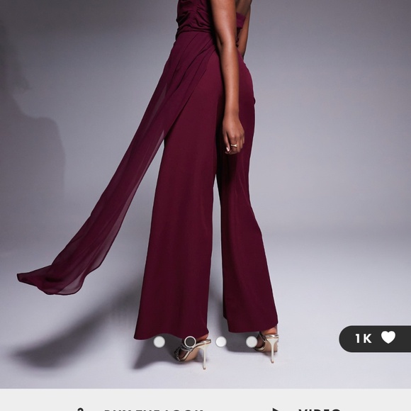 ASOS DESIGN bandeau chiffon bodice tailored pants jumpsuit in burgundy - Picture 2 of 4
